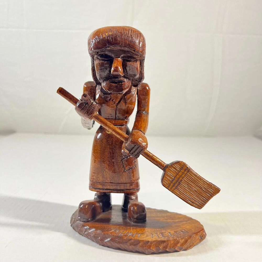 Vintage 8.5” Black Forest Wood Carving Aunt Helen w/Broom
